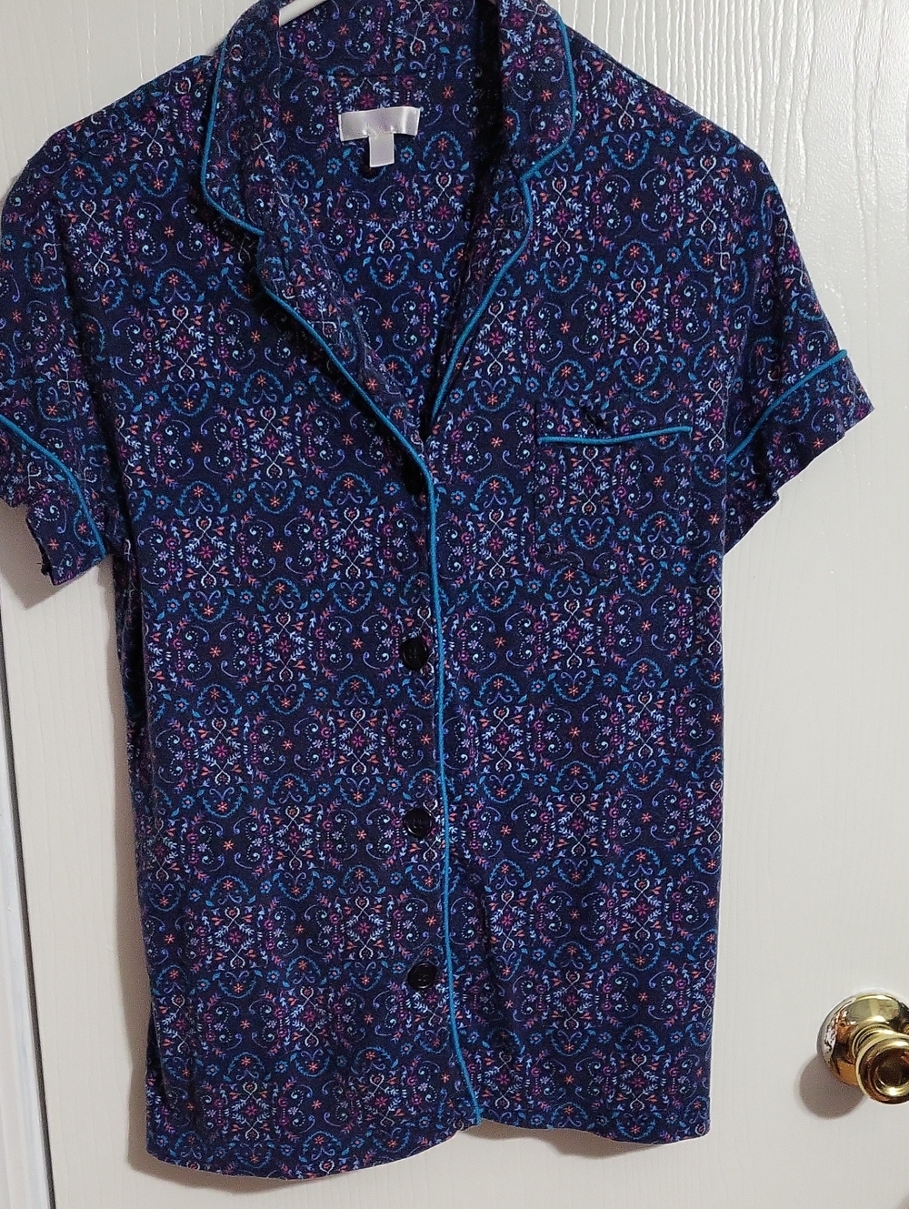 PJ's 2 Pc Set Women Navy Patterned Short-Sleeve Shirt with Blue Piping